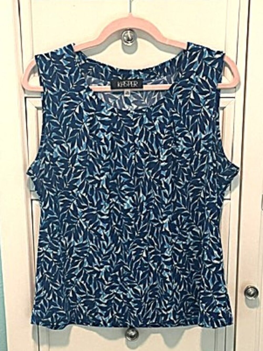 Kasper Blue Leaf Pattern Scoop Neck Sleeveless Top Petite XL